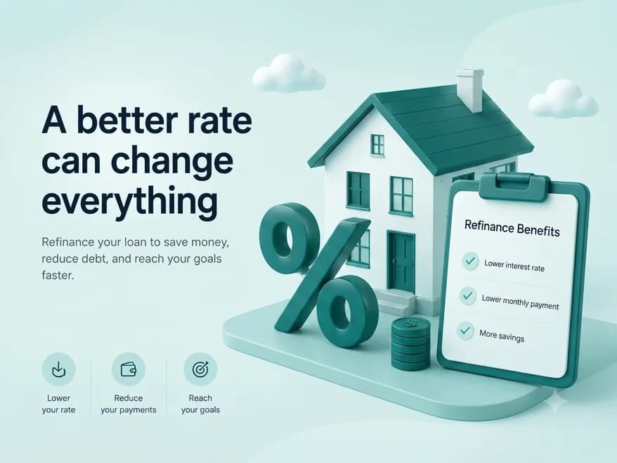 3D refinance illustration showing a home, interest rate symbol, and refinance benefits checklist