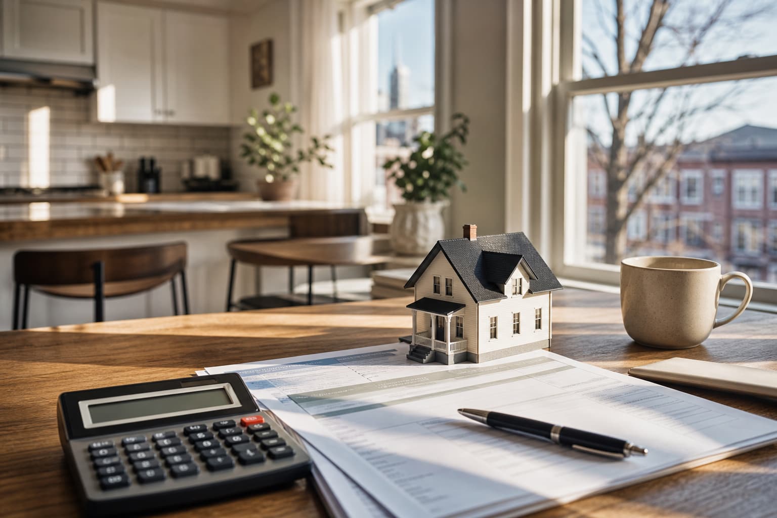 Mortgage paperwork, calculator, and small house model on a kitchen table.