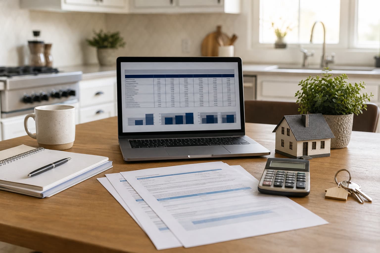 Mortgage documents, calculator, laptop, and house keys on a kitchen table.