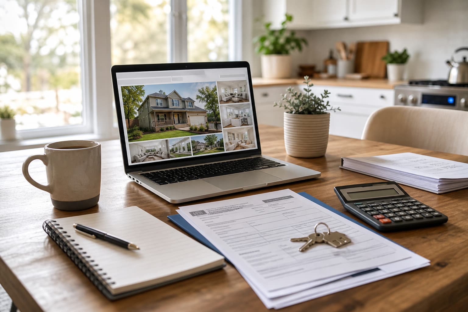 Laptop, calculator, mortgage paperwork, and house keys on a kitchen table.