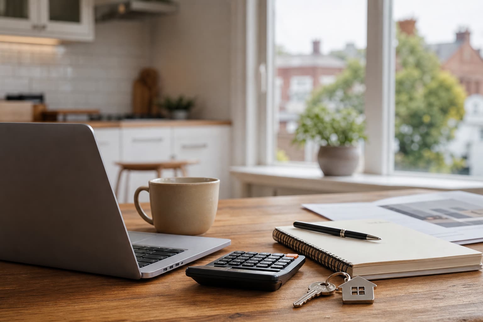 Laptop, calculator, notebook, and house key on a table for comparing home equity options.