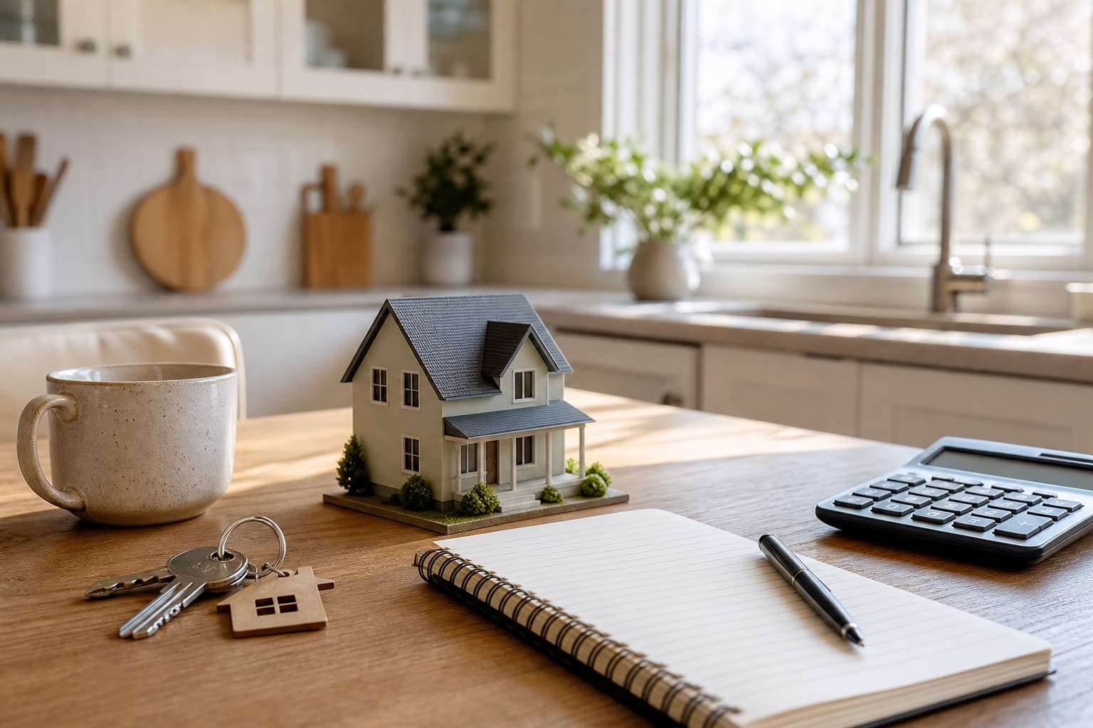 House keys, calculator, notepad, and model home on a table for homebuying budget planning.