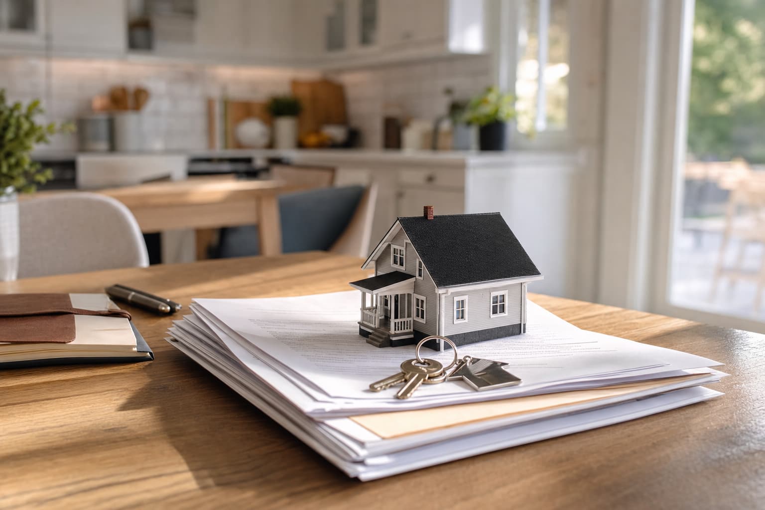Model house, key, and mortgage paperwork on a table.