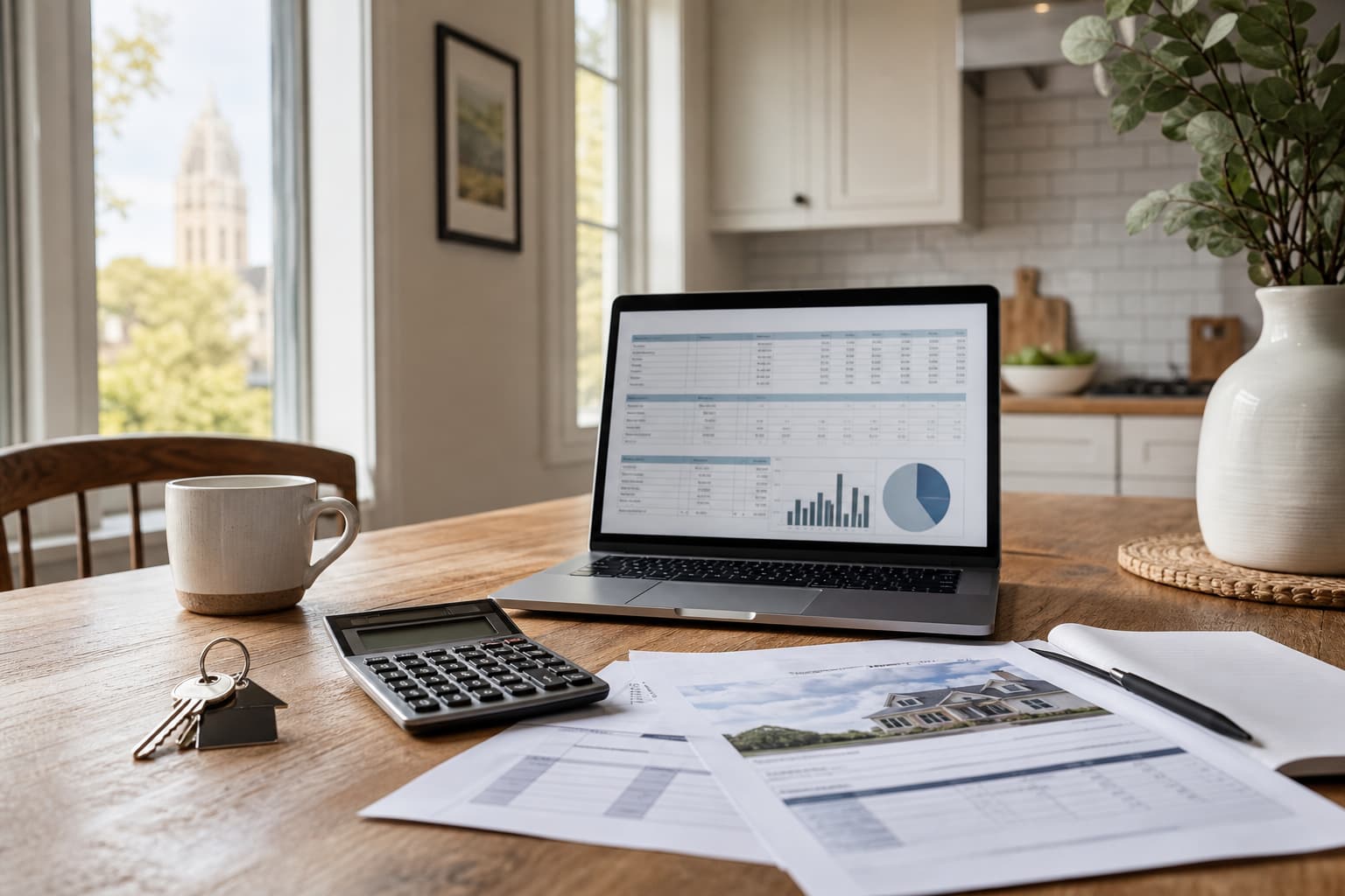 Mortgage documents, calculator, laptop, and house keys on a kitchen table.
