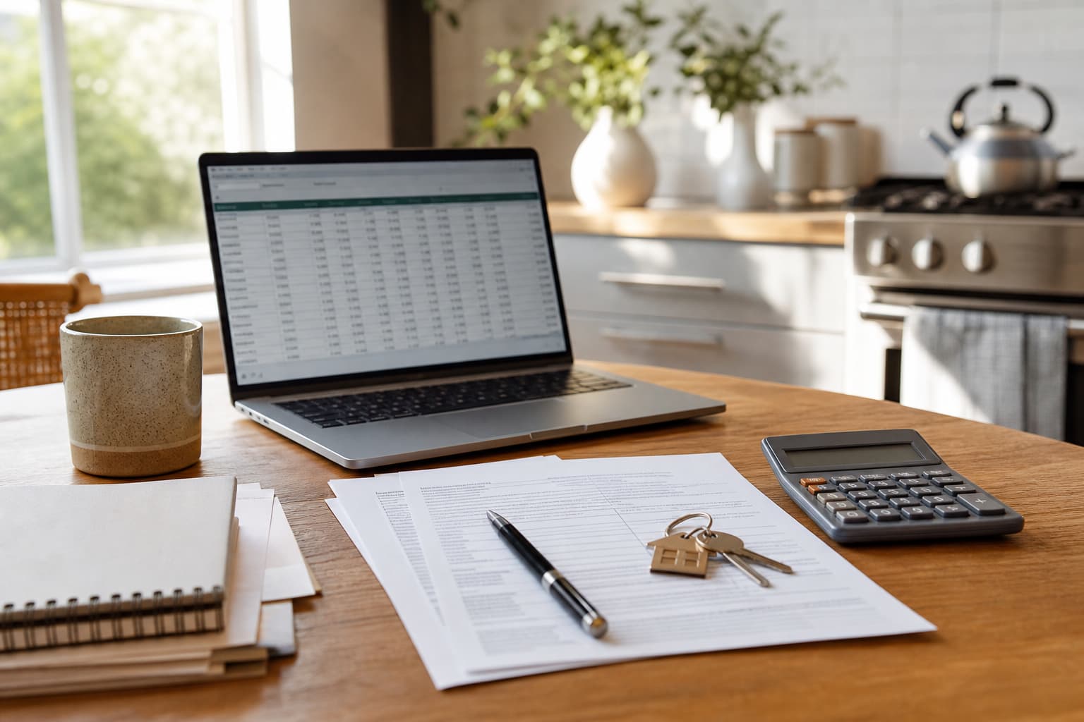 Mortgage paperwork, calculator, pen, and house keys on a kitchen table.