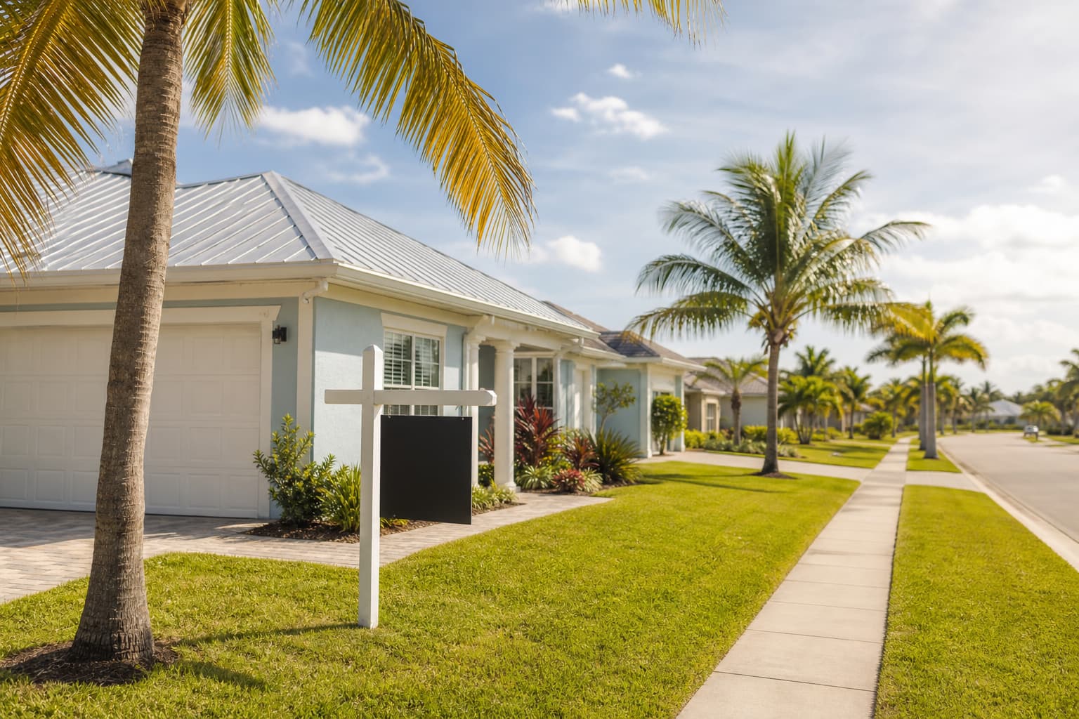 A sunny Florida neighborhood with a home and palm trees.