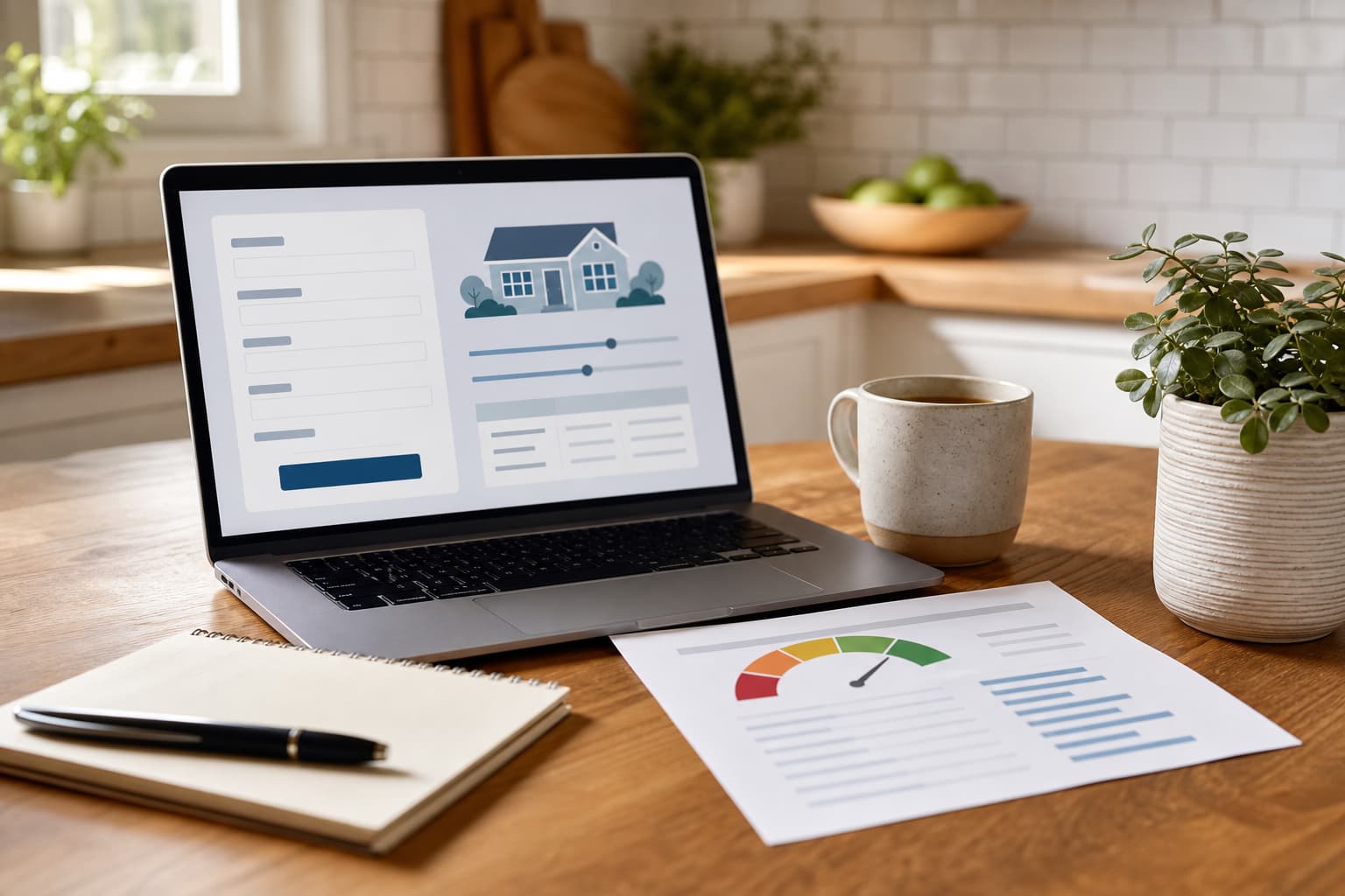 Laptop, credit paperwork, and mortgage notes on a kitchen table.