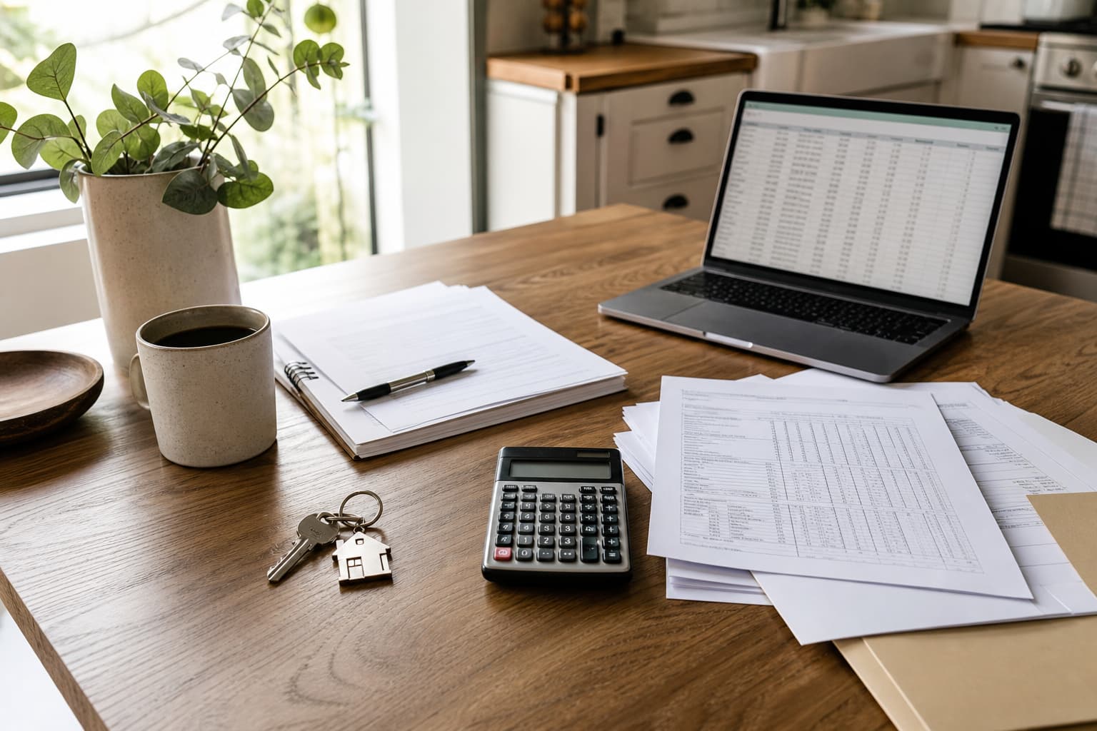 Refinance paperwork with a calculator, keys, and laptop on a table.