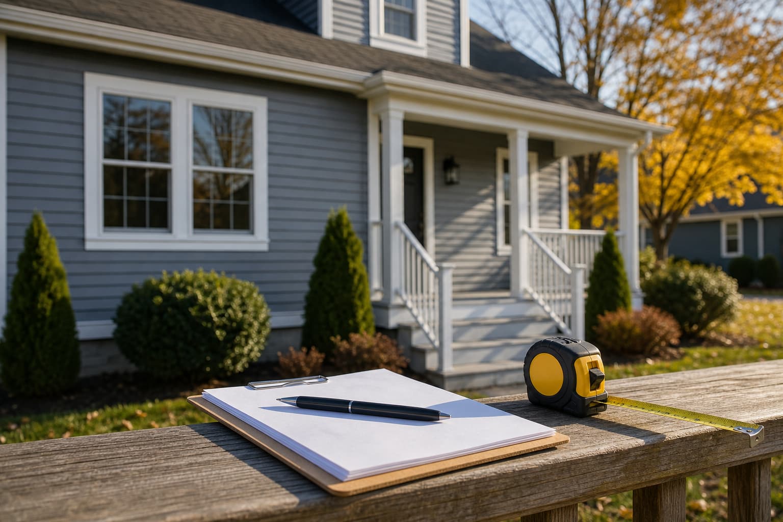 Clipboard and tape measure on the porch of a single-family home for an appraisal.