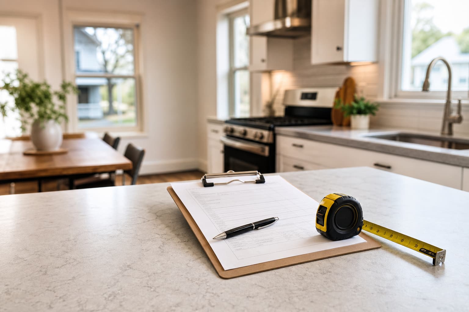 Clipboard and measuring tape on a kitchen counter during a home appraisal.