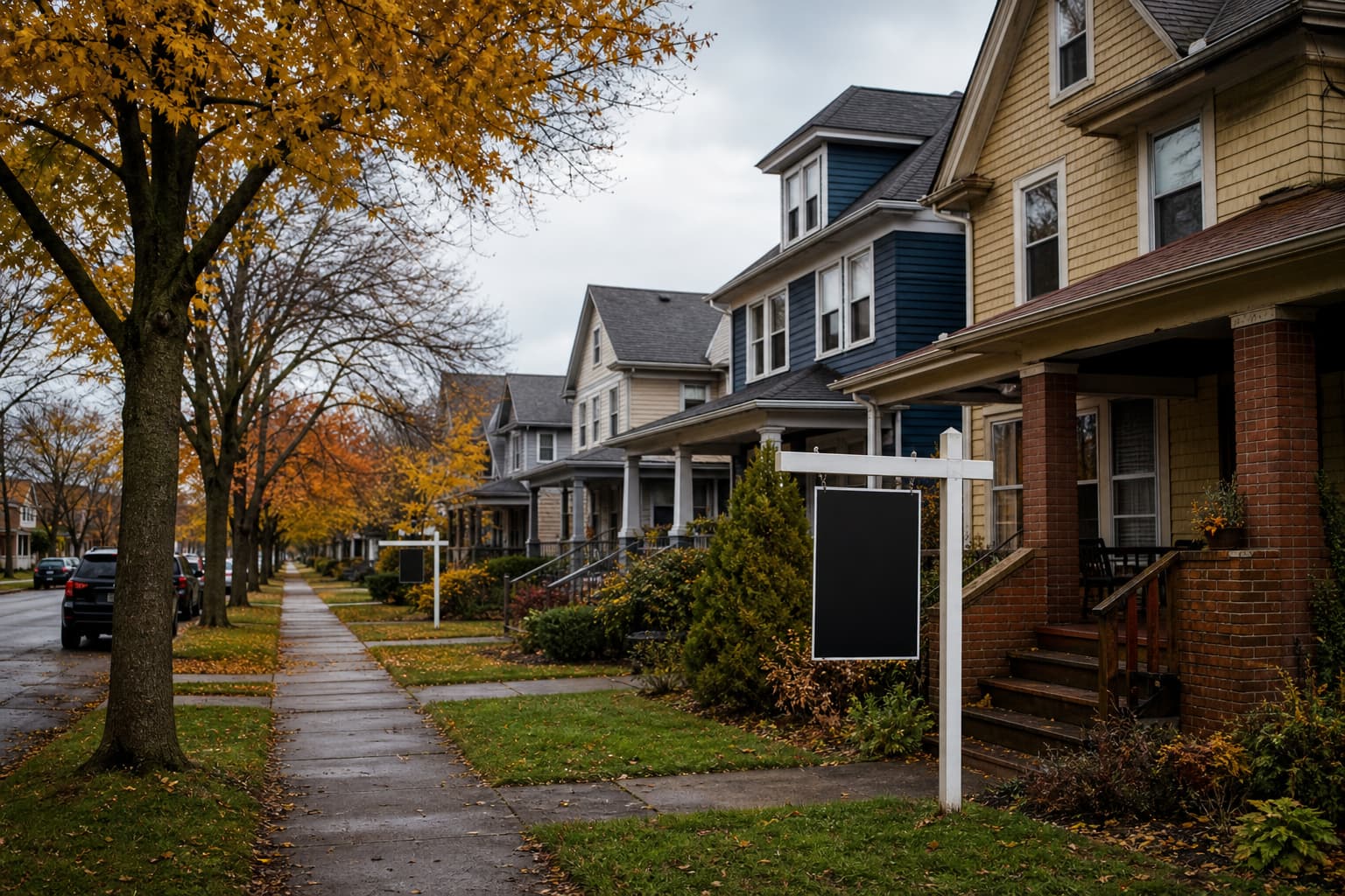 A Buffalo residential street with homes for sale during a fall housing market.