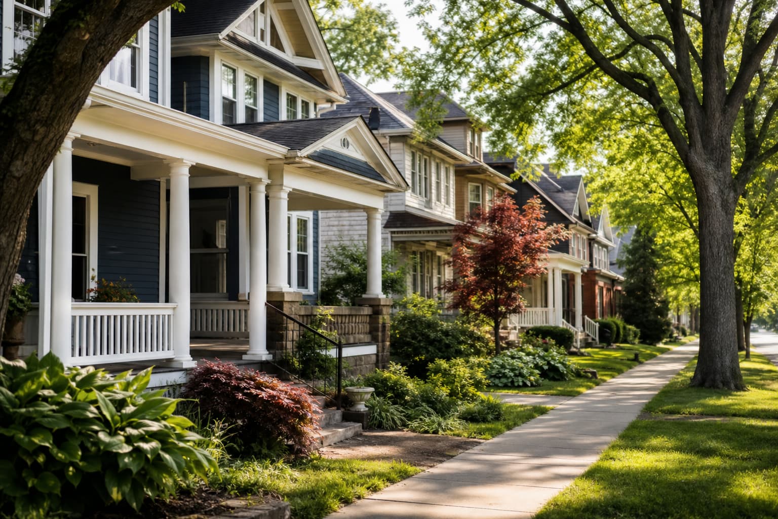 A quiet Buffalo residential street with older homes and summer greenery.