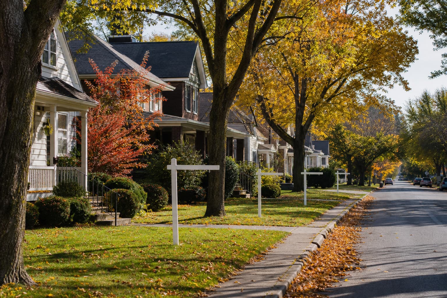 A residential street with several homes for sale in early fall.