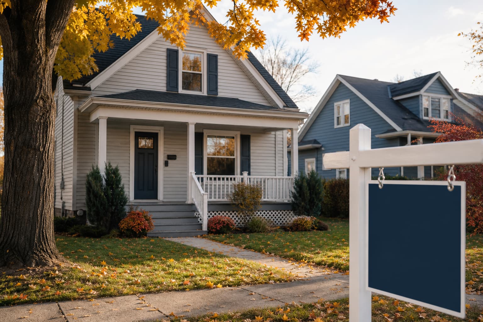 A modest home in a Western New York neighborhood during fall.