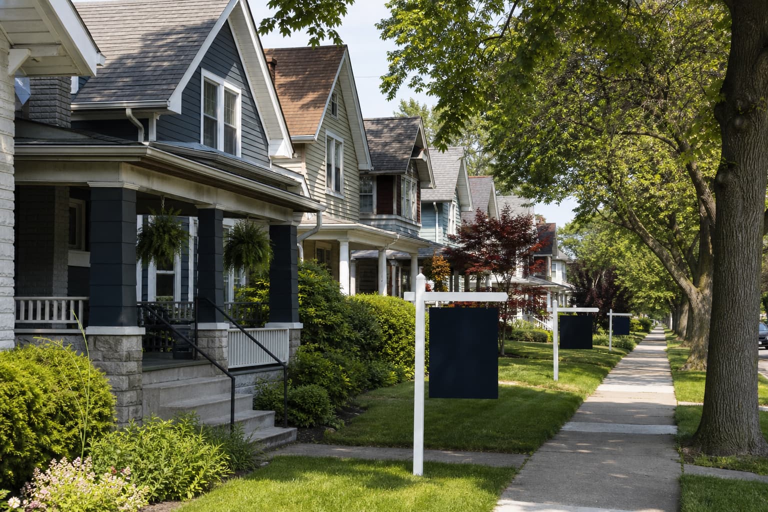 Buffalo residential street with homes for sale in early summer.