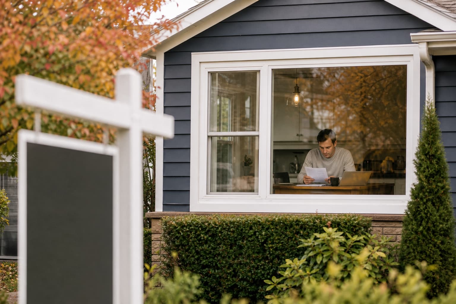 A home for sale in autumn as mortgage shoppers review paperwork.