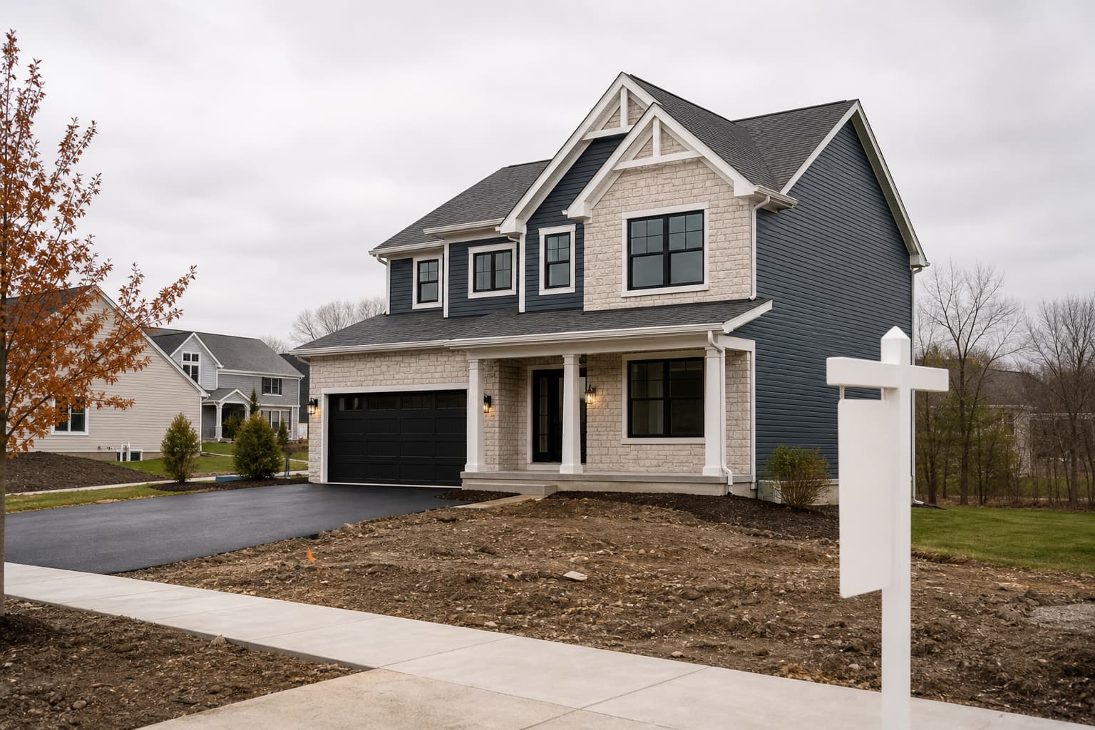 A newly built suburban home in a quiet development on an overcast day.