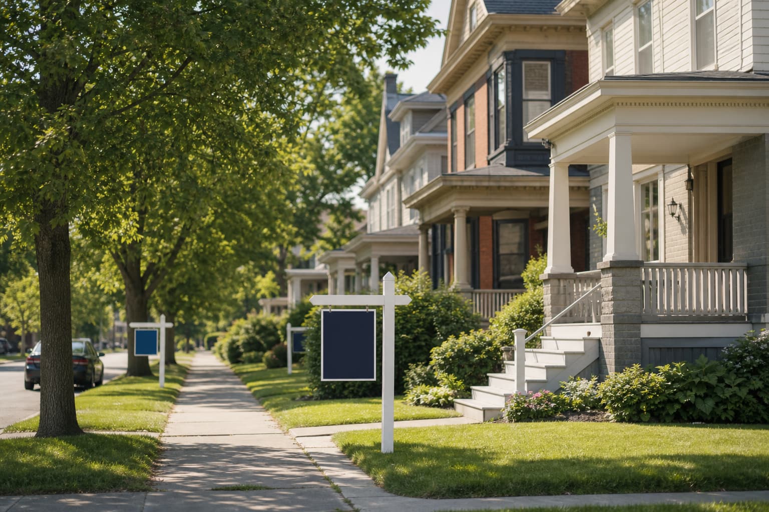 Buffalo neighborhood street with homes and real estate signs.