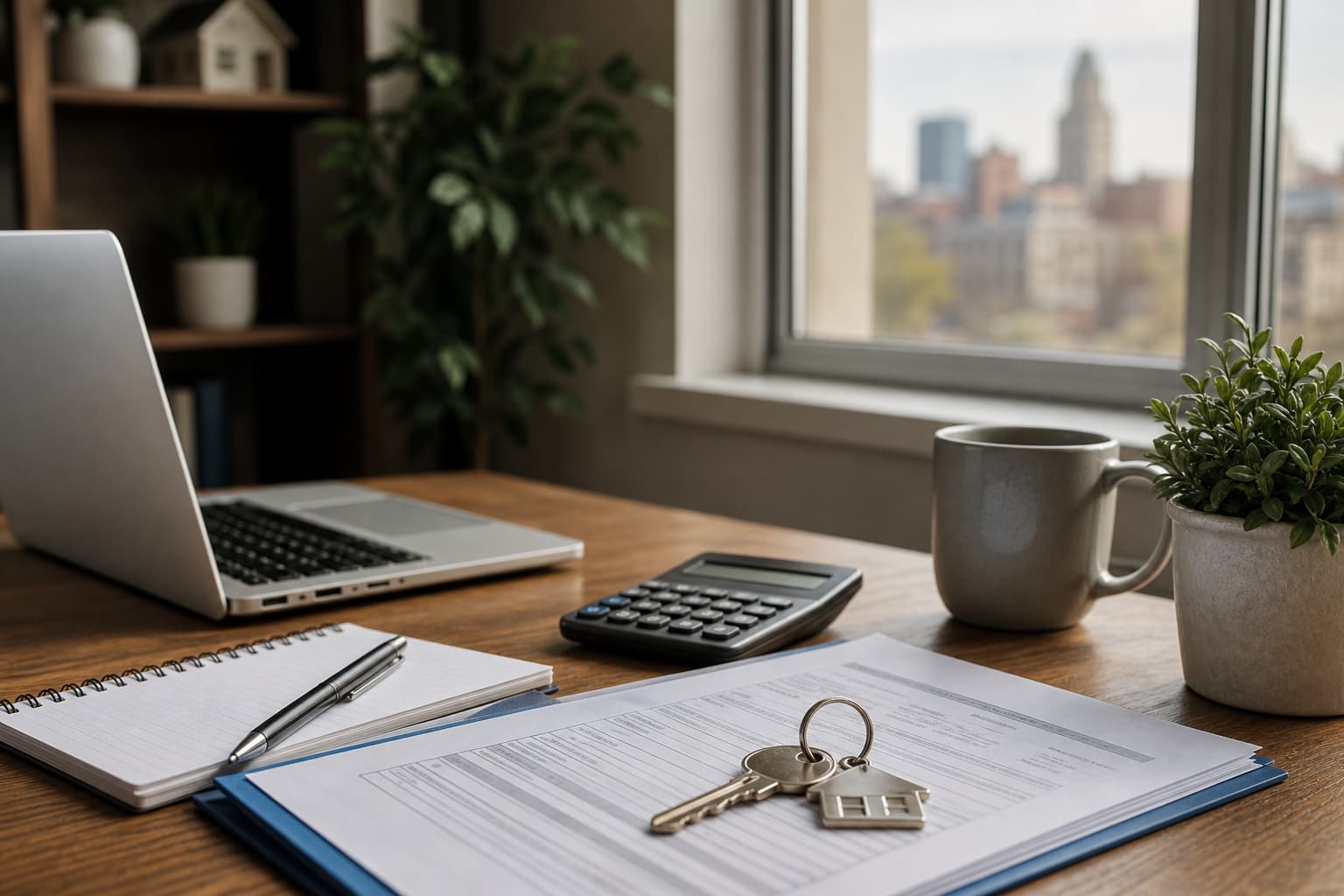 Mortgage refinance paperwork with a calculator and house key on a home office desk.